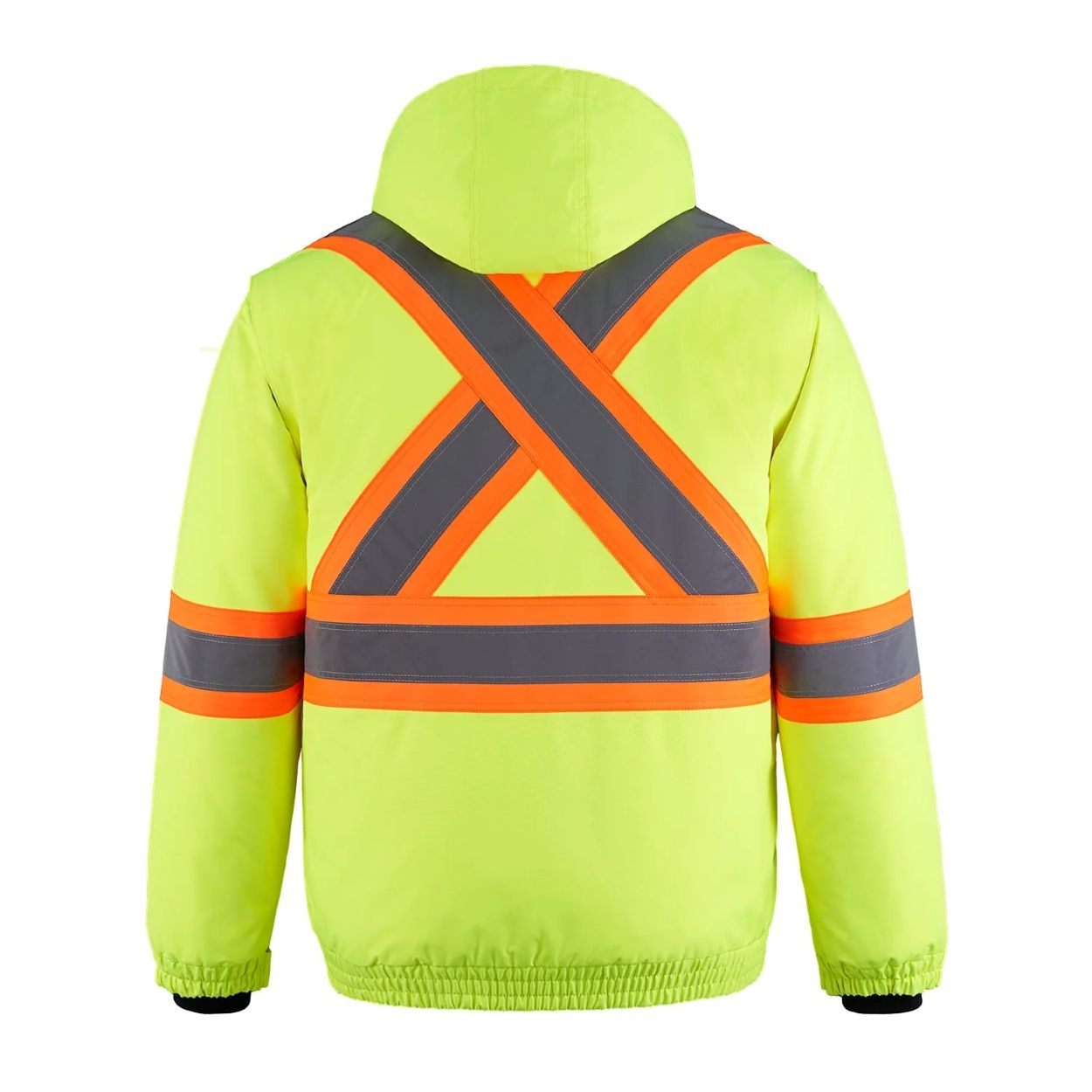 Hi-vis yellow hybrid coat on a white background