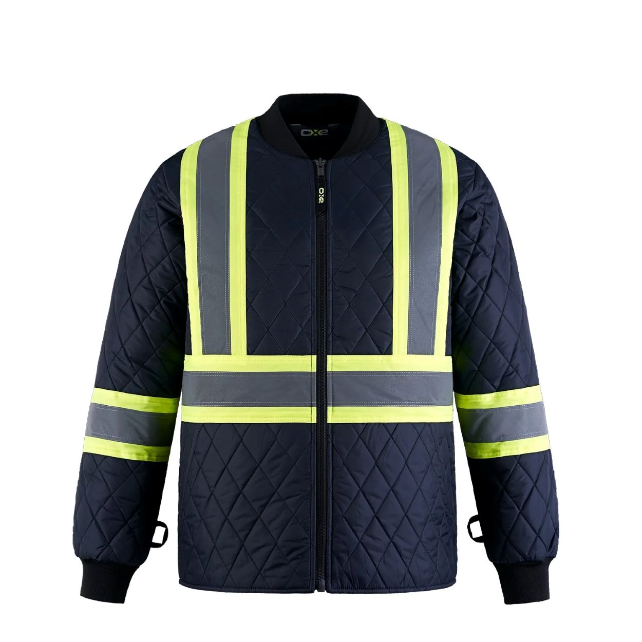 Hi-vis navy hybrid coat on a white background