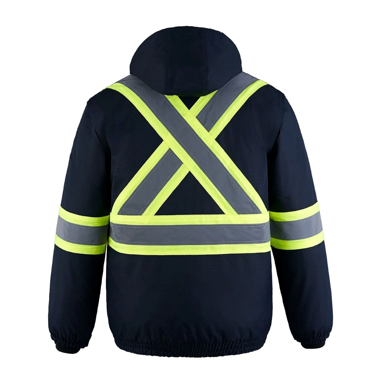 Hi-vis navy hybrid coat on a white background