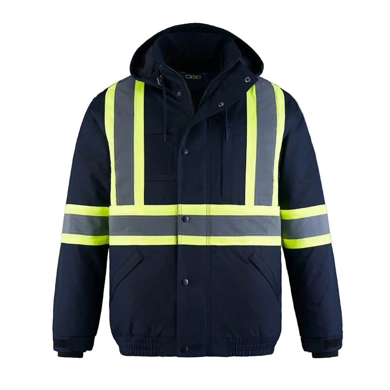 Hi-vis navy hybrid coat on a white background