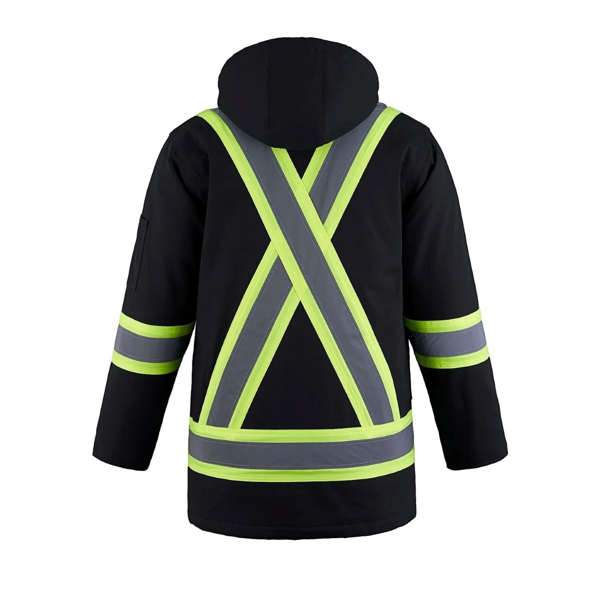 Hi-vis black winter coat on a white background