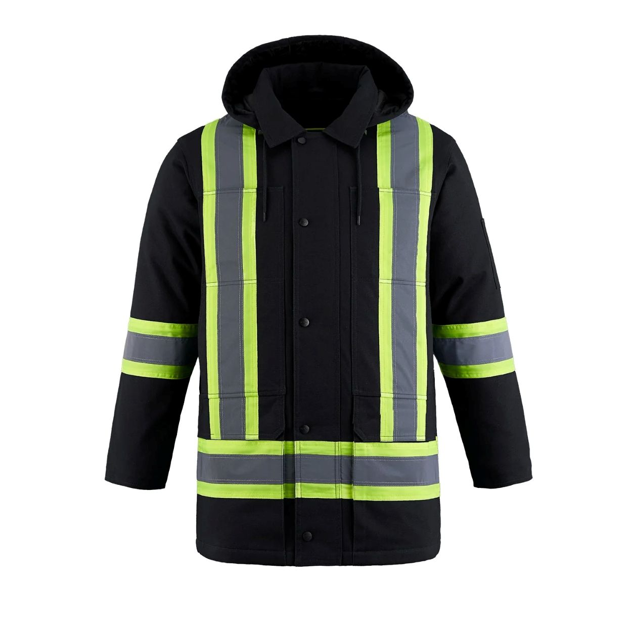 Hi-vis black winter coat on a white background