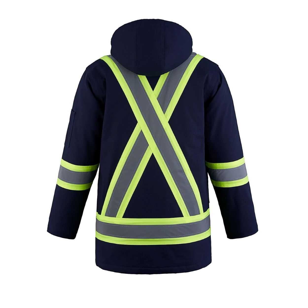 Hi-vis navy winter coat on a white background