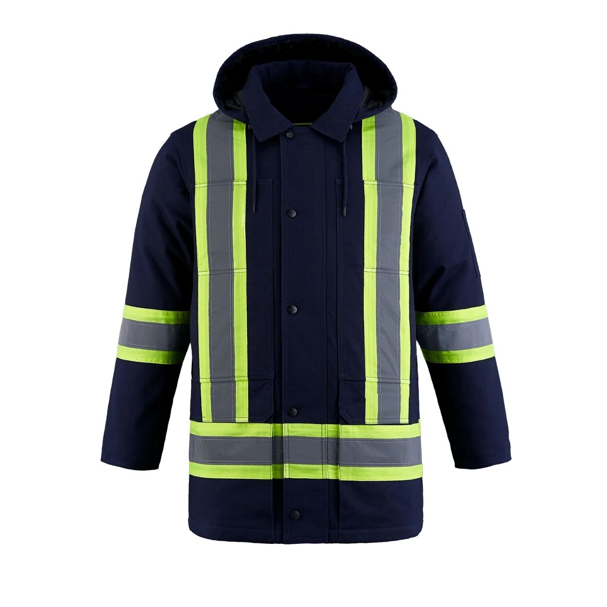 Hi-vis navy winter coat on a white background