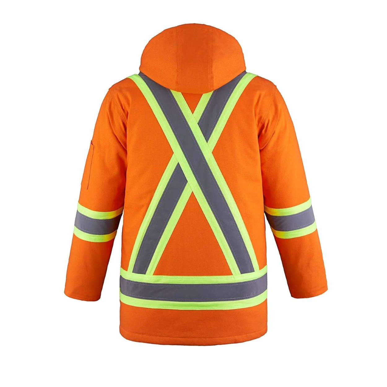 Hi-vis orange winter coat on a white background