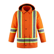 Hi-vis orange winter coat on a white background