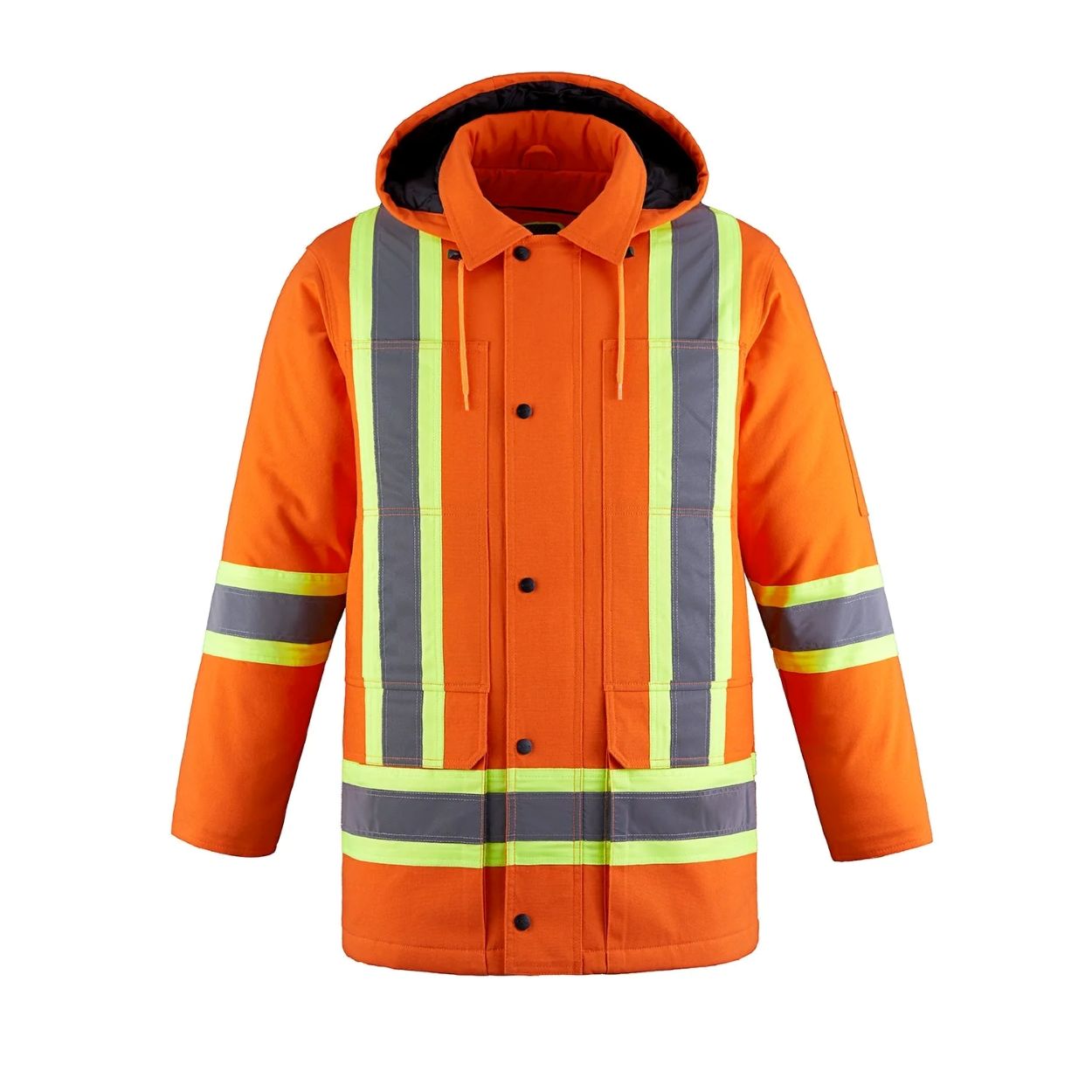 Hi-vis orange winter coat on a white background