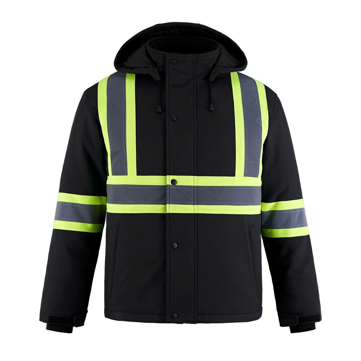 Hi-vis black refrigeration jacket on a white background