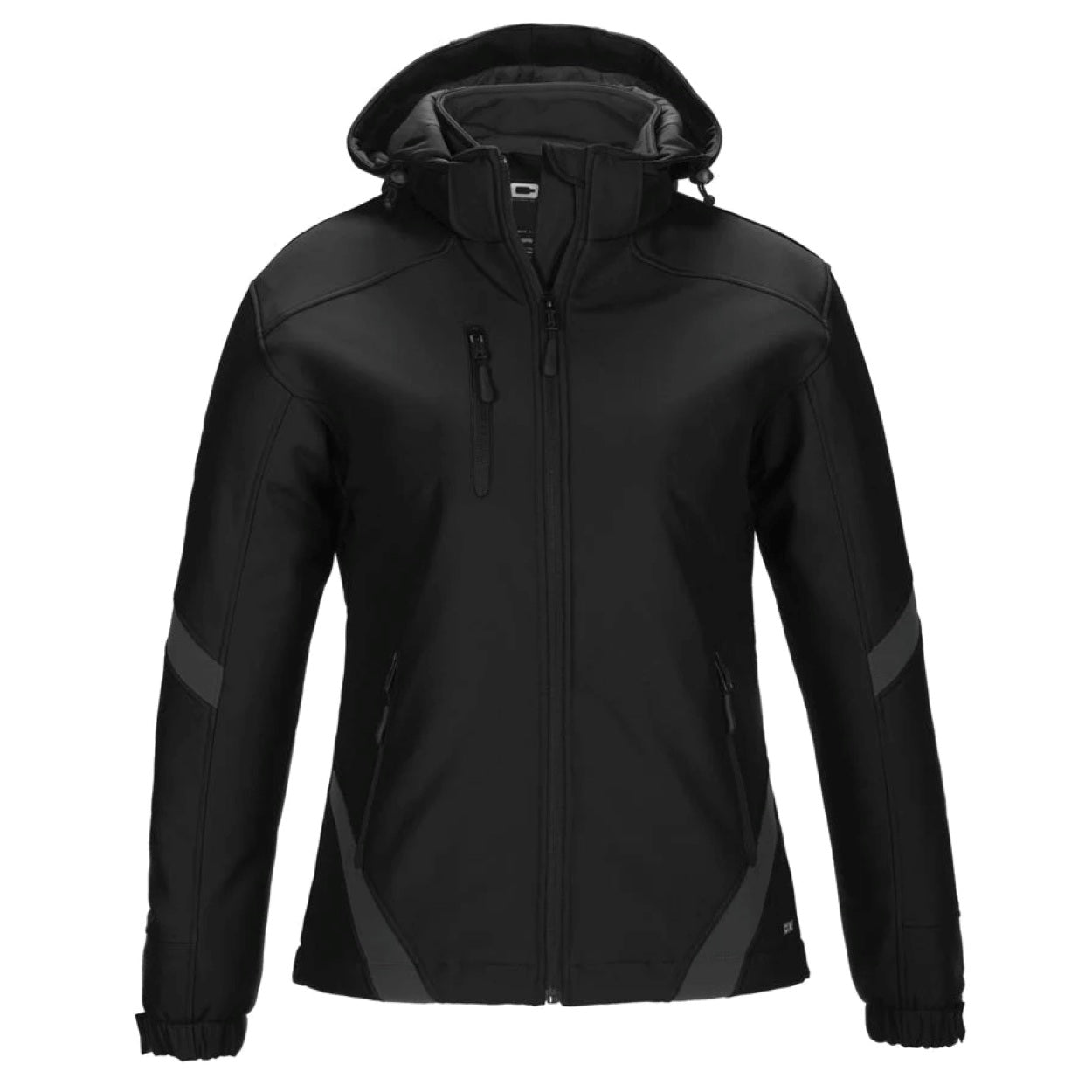 Black/gunmetal softshell jacket on a white background