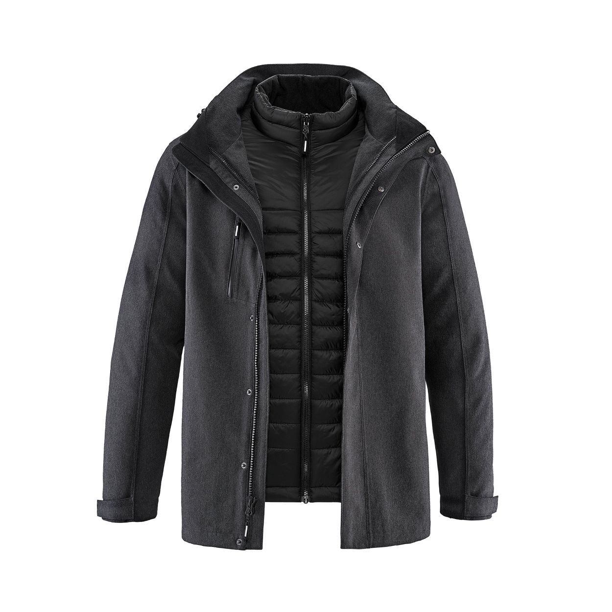 Charcoal hybrid coat on a white background