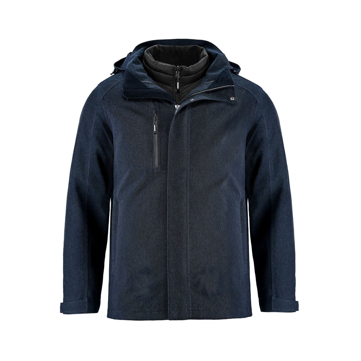 Navy hybrid coat on a white background