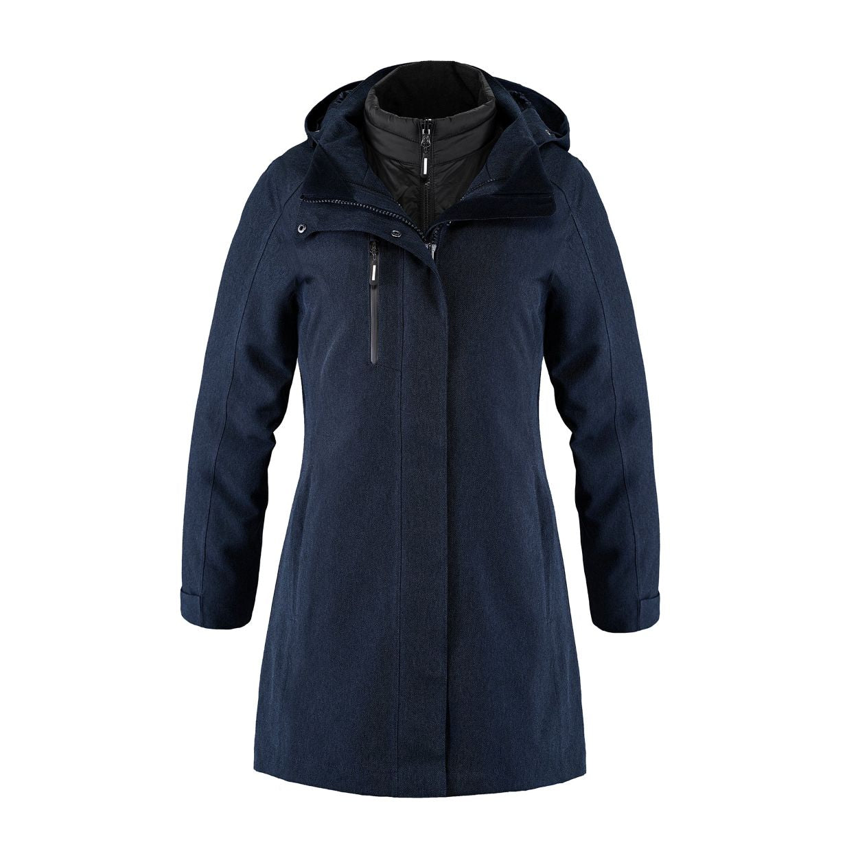 Navy hybrid coat on a white background