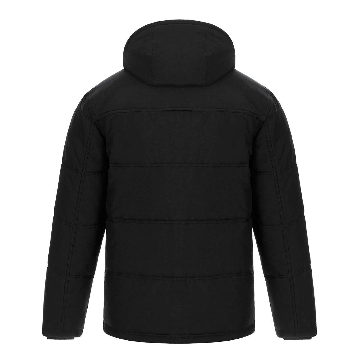 Black parka with hood on a white background