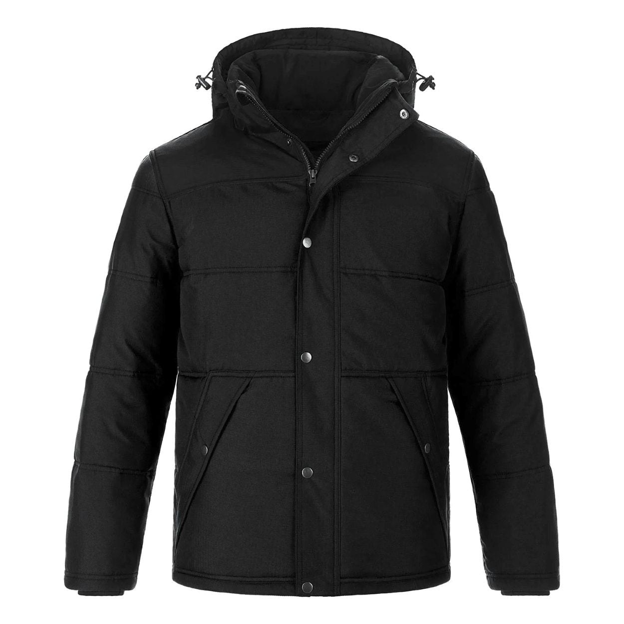 Black parka with hood on a white background