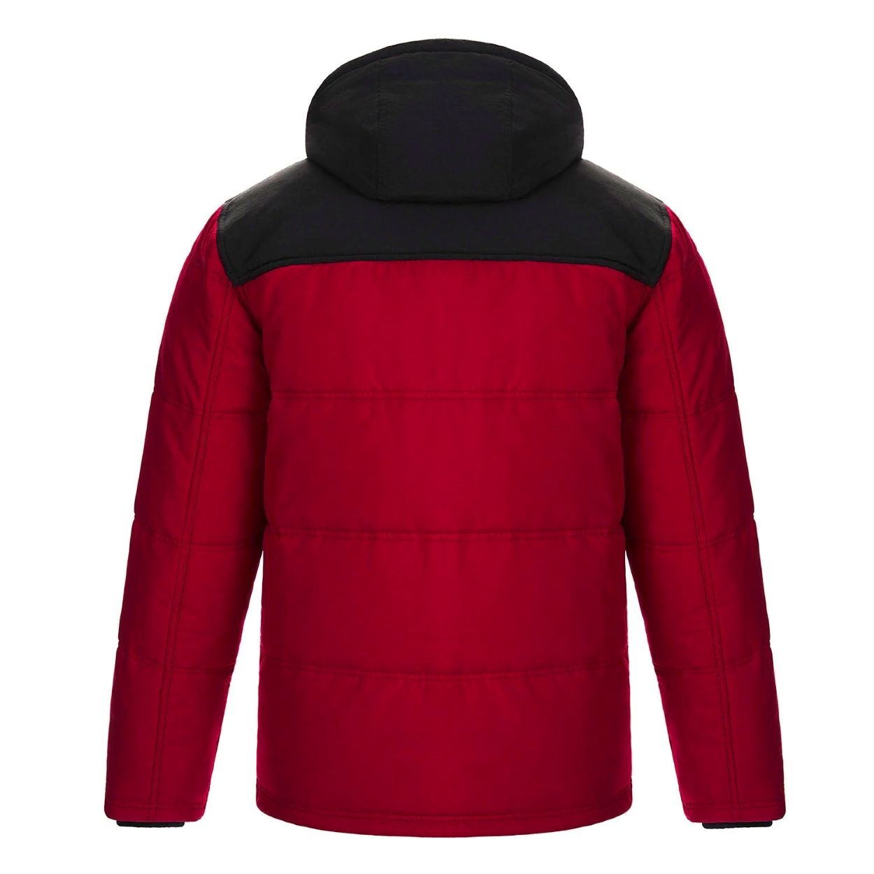 Red parka with hood on a white background
