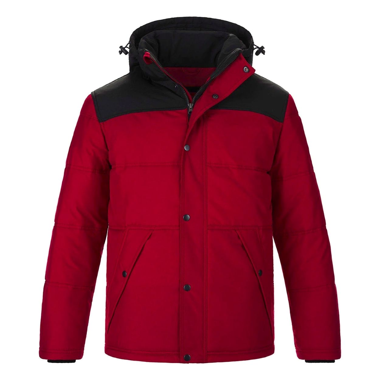 Red parka with hood on a white background