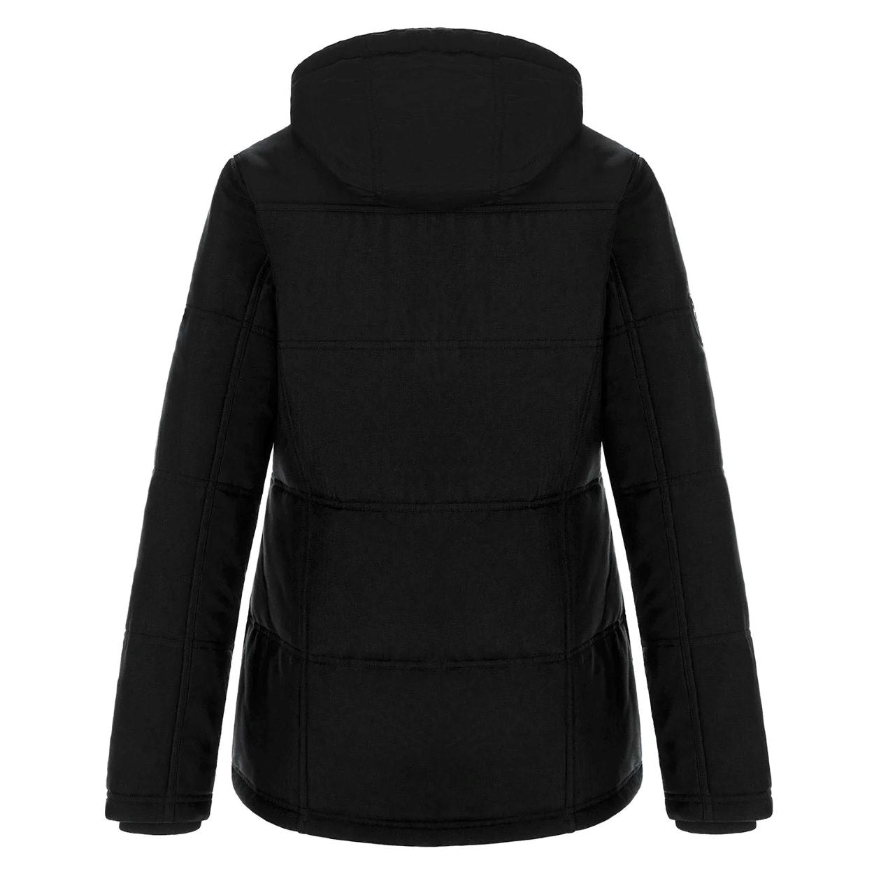 Black parka with hood on a white background
