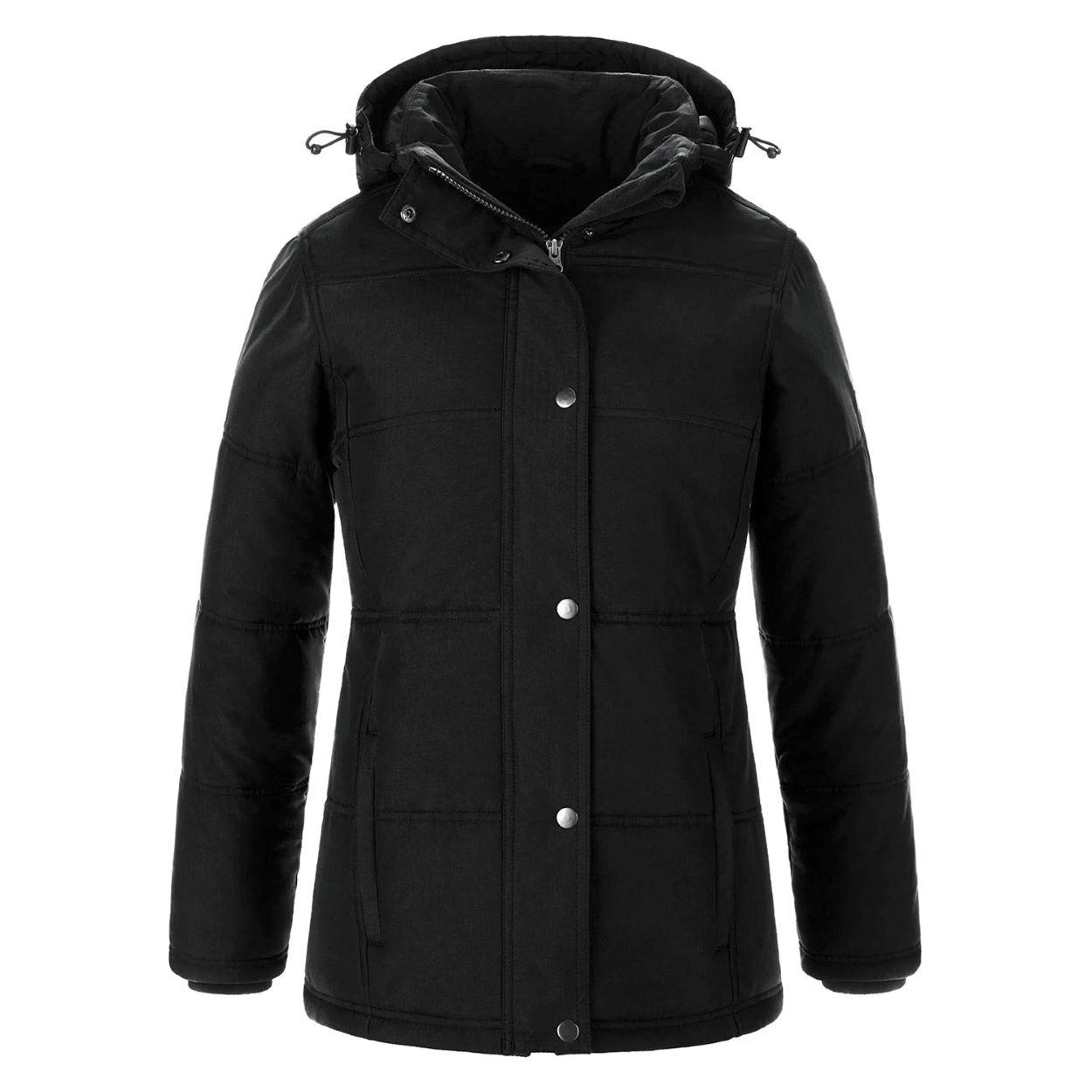 Black parka with hood on a white background