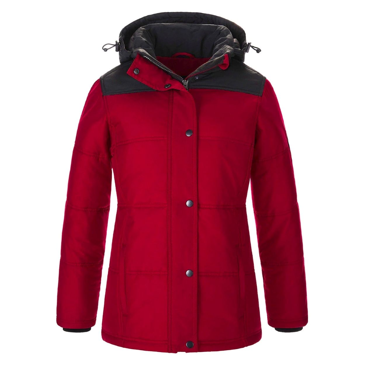 Red parka with hood on a white background