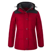 Red parka with hood on a white background