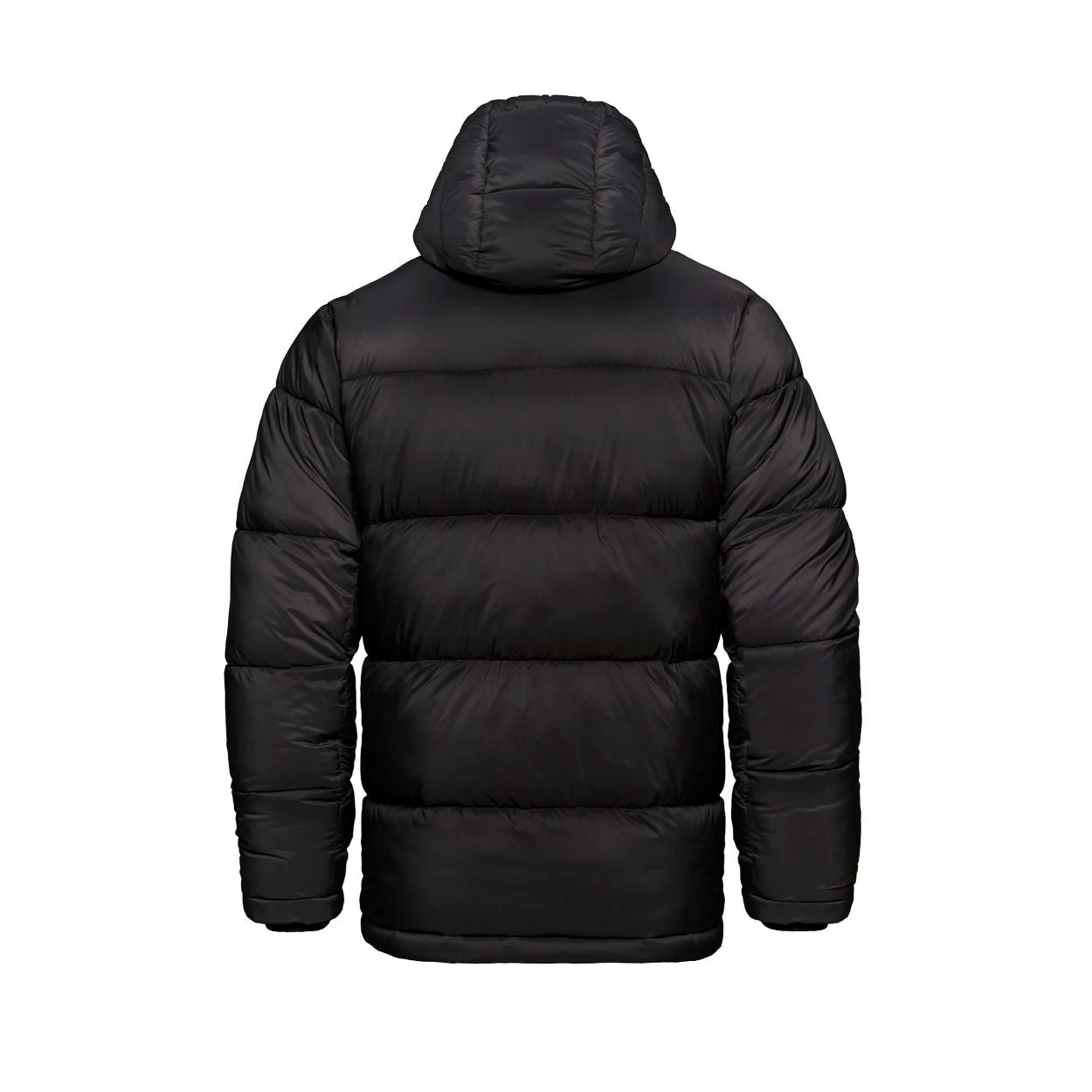 Black parka with hood on a white background
