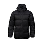 Black parka with hood on a white background