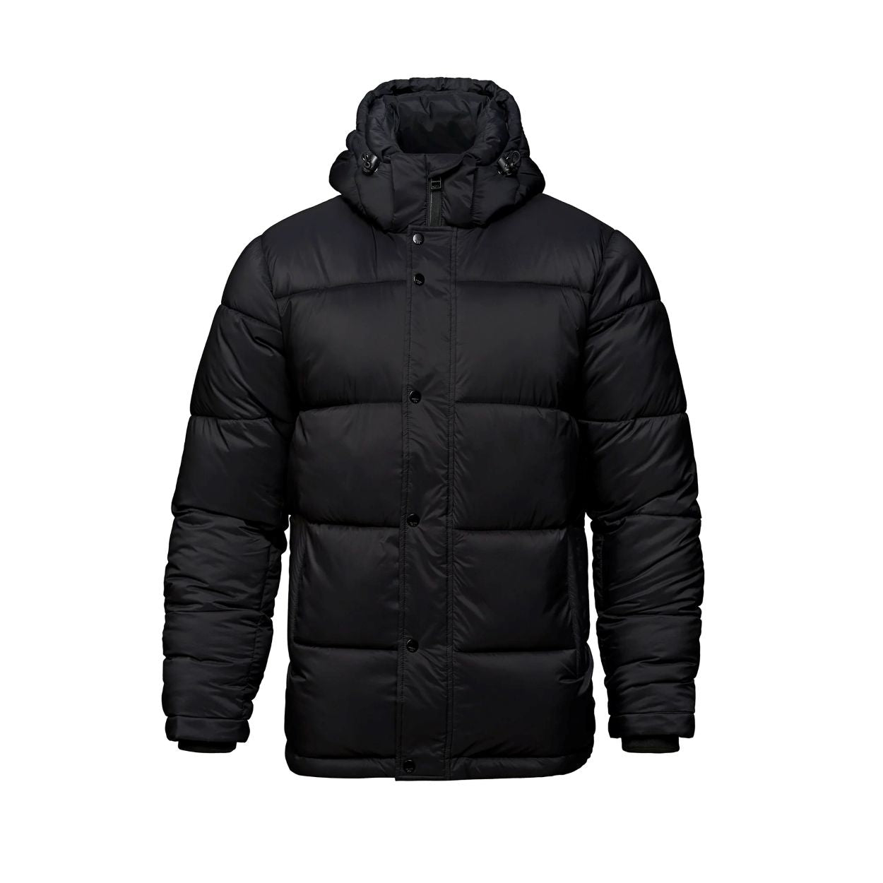 Black parka with hood on a white background