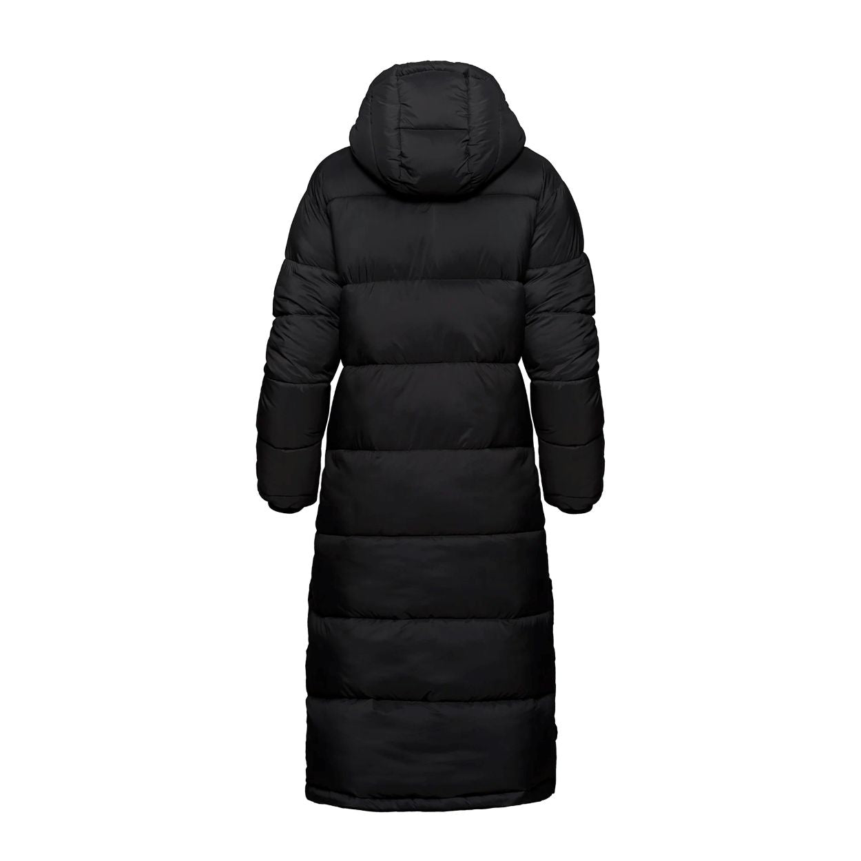 Black parka with hood on a white background