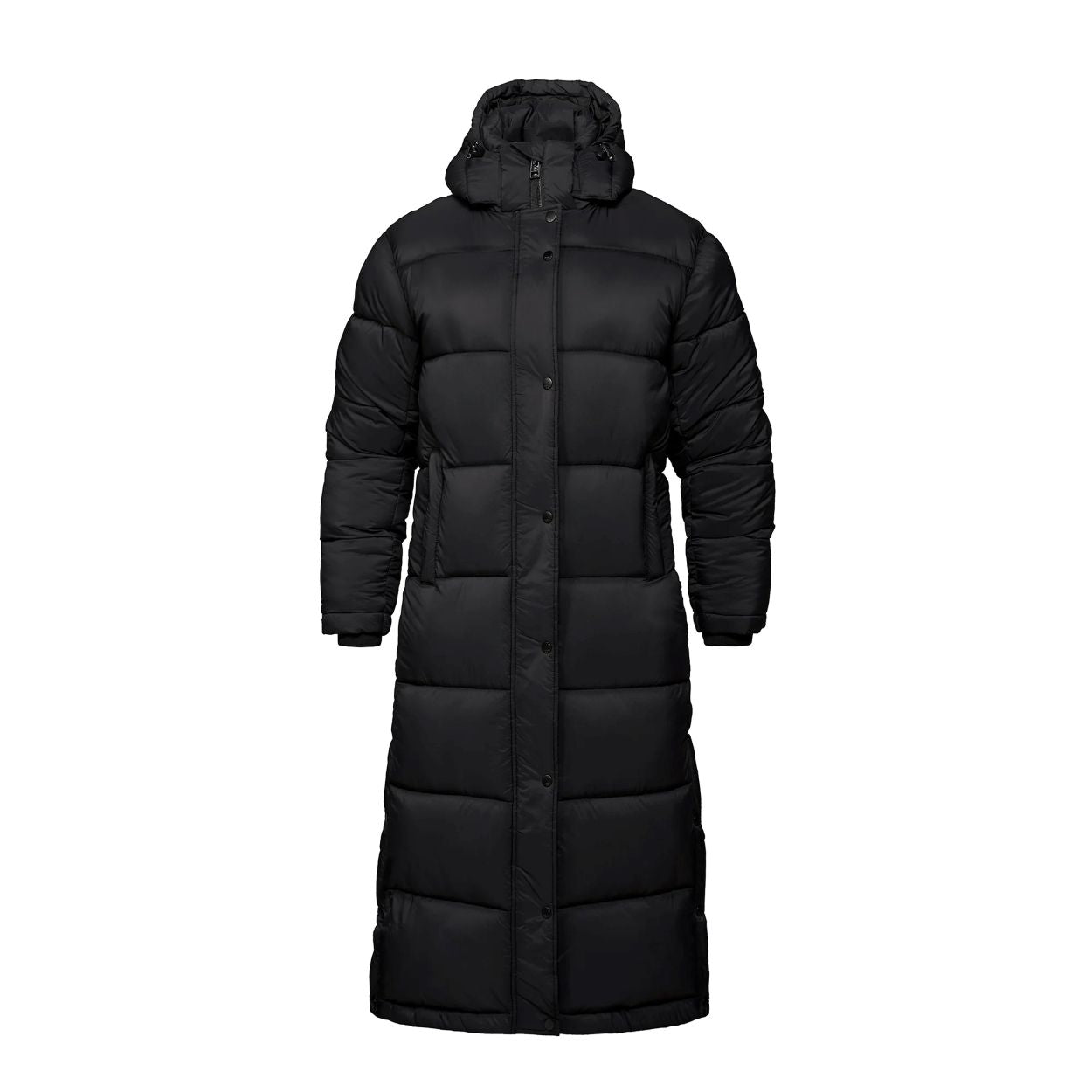 Black parka with hood on a white background