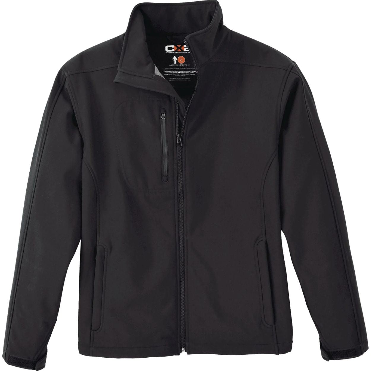 Black softshell jacket on a white background