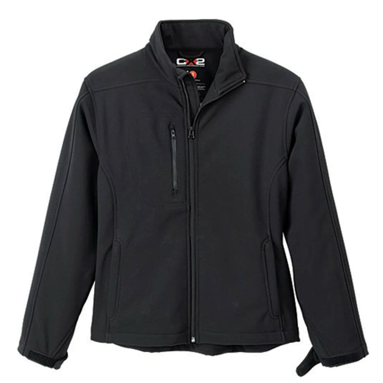 Black softshell jacket on a white background