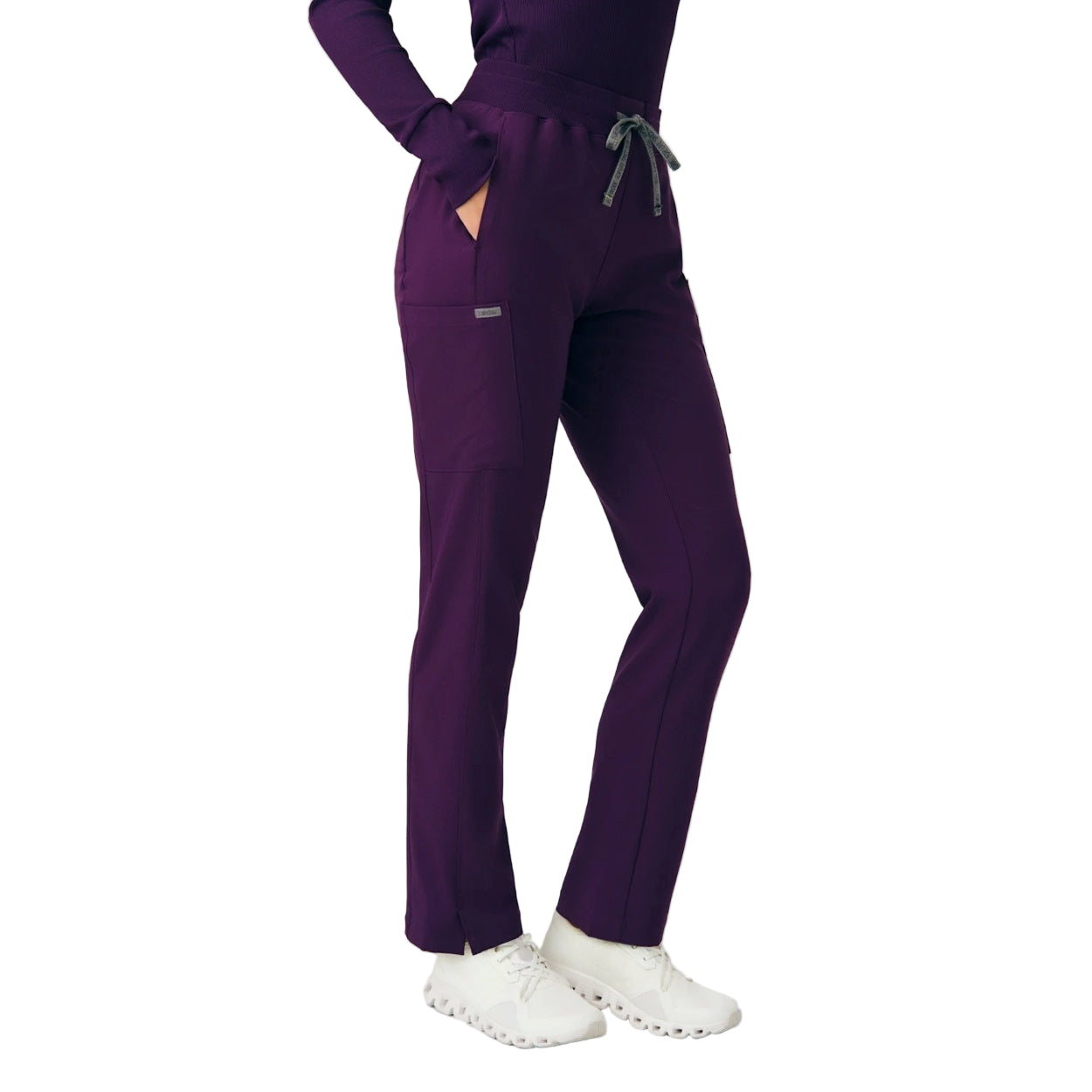 Eggplant scrub pants on a white background