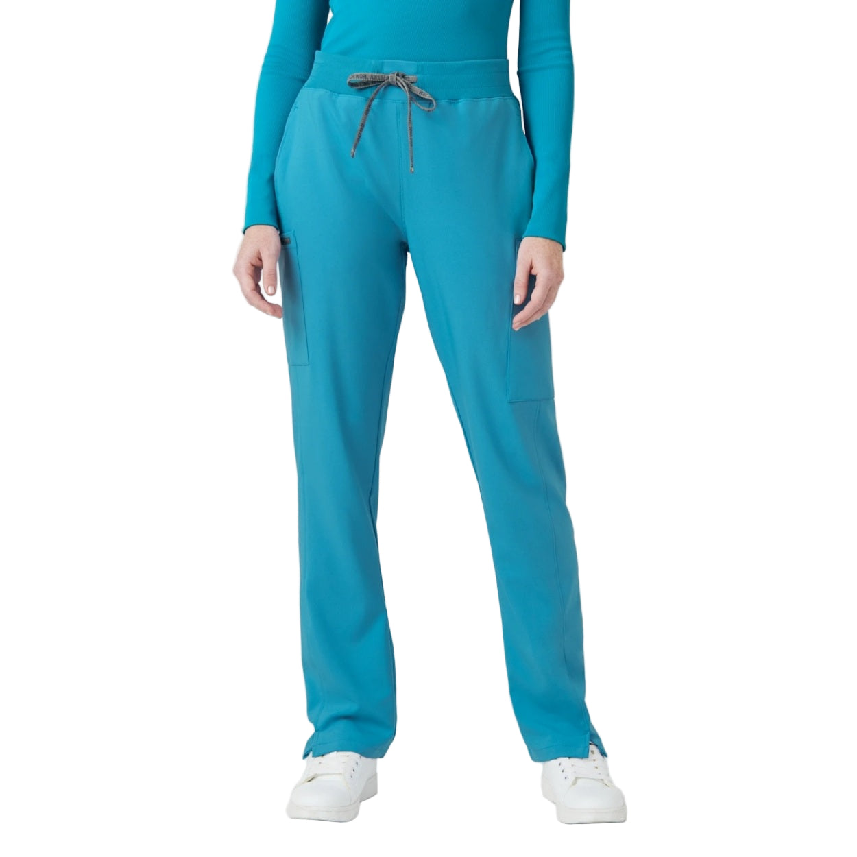 Teal scrub pants on a white background