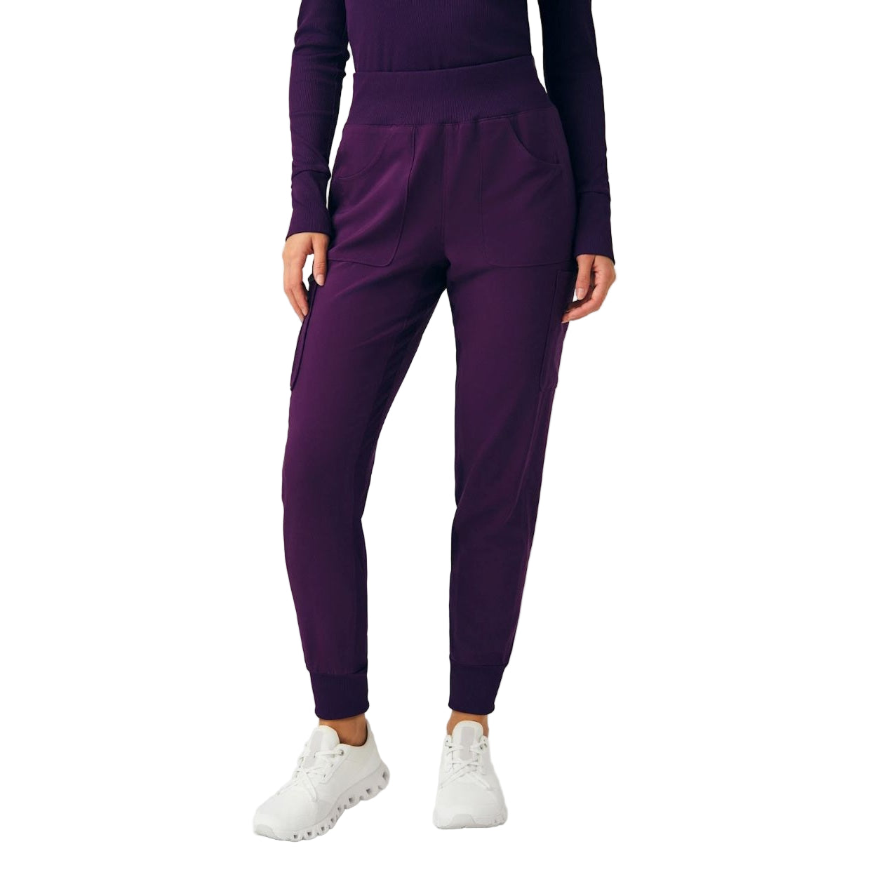 Eggplant scrub pants on a white background