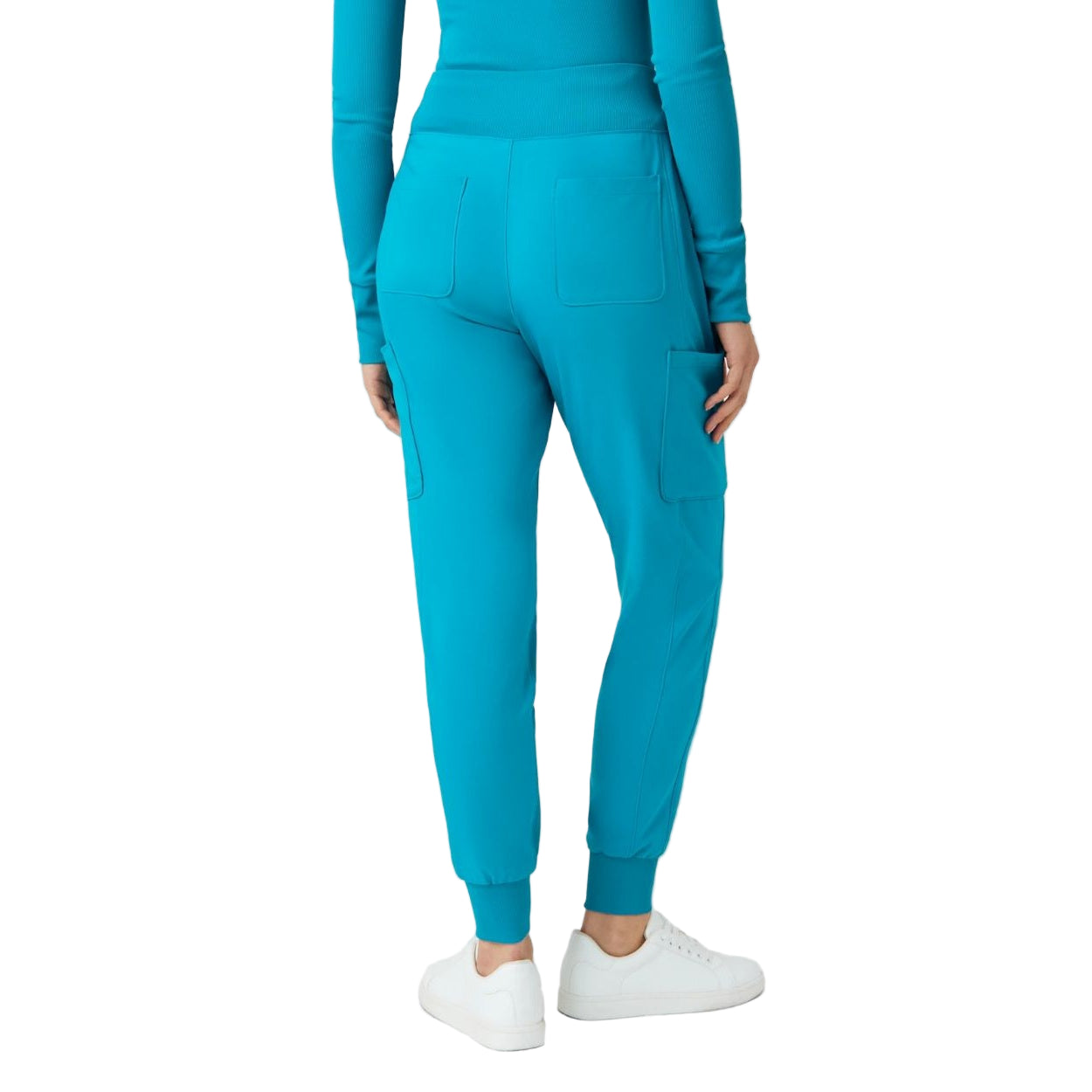 Teal scrub pants on a white background