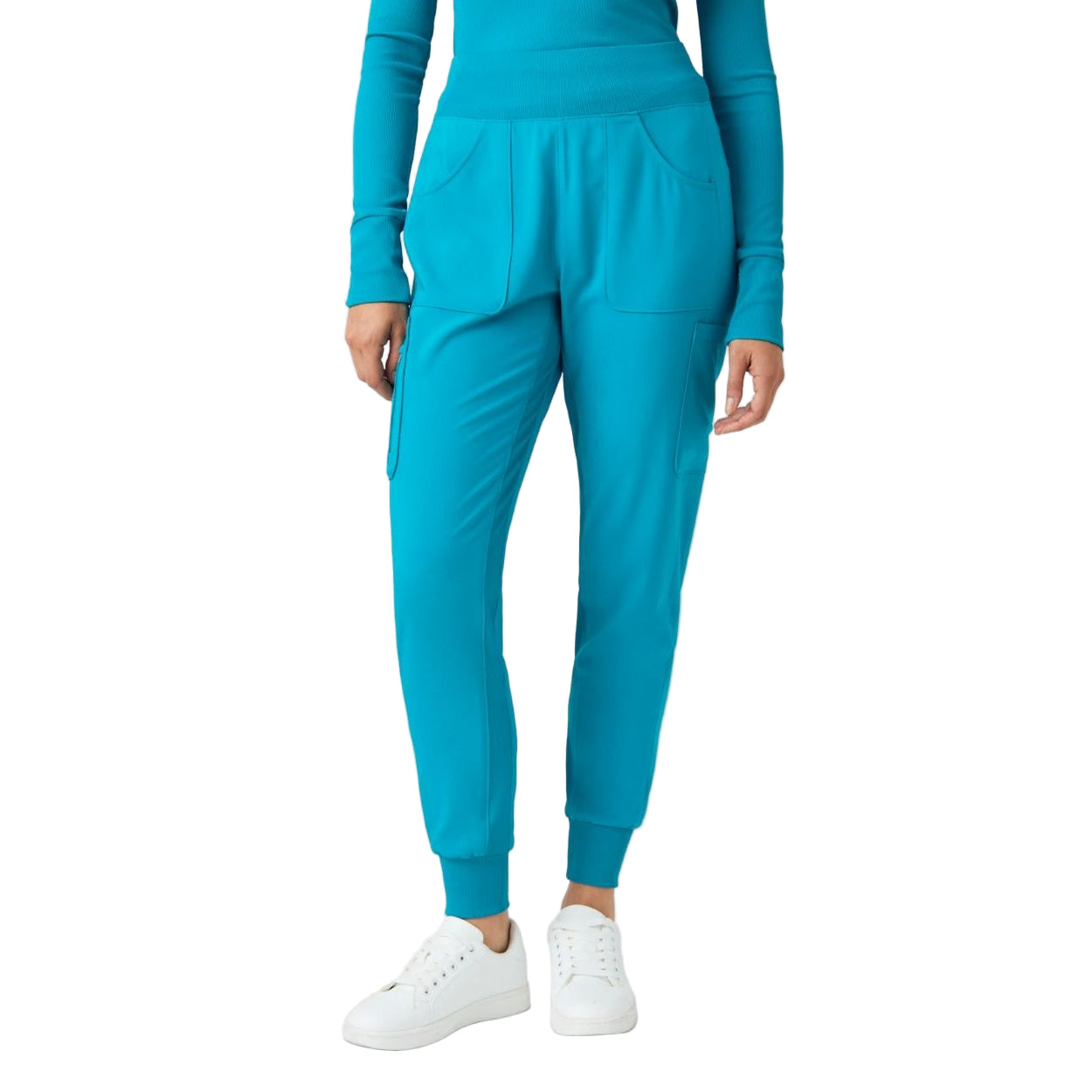 Teal scrub pants on a white background