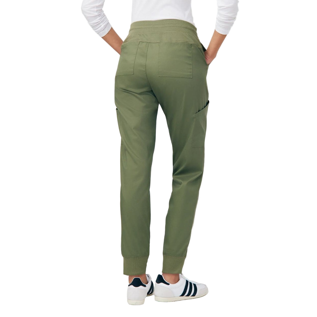 Olive moss scrub pants on a white background