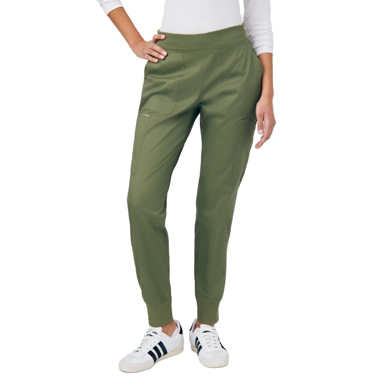 Olive moss scrub pants on a white background