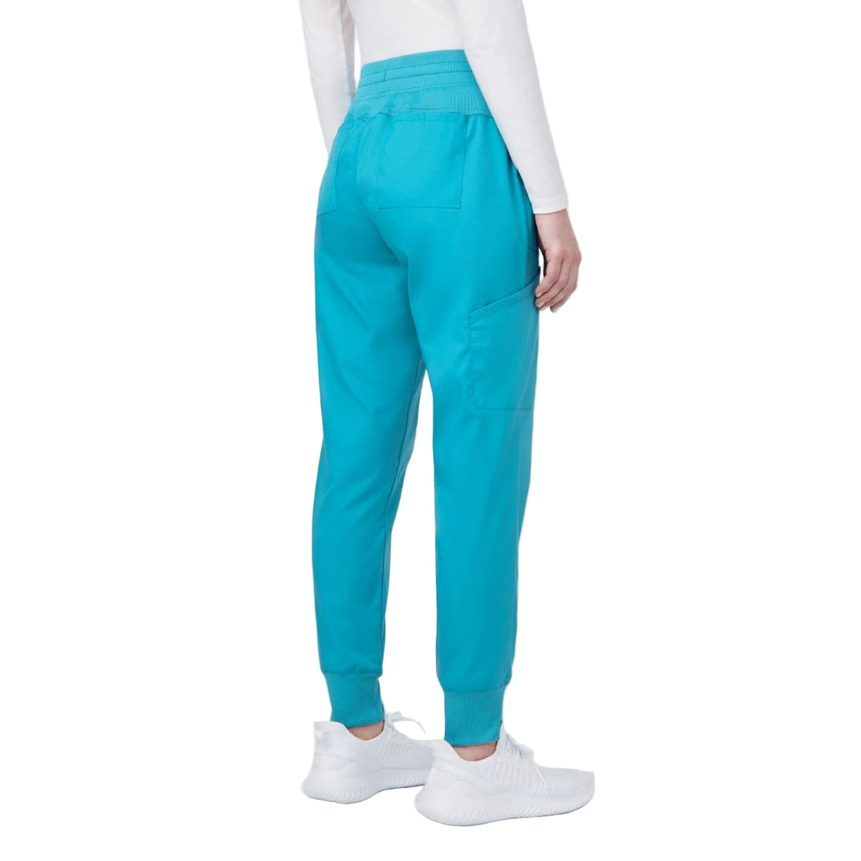 Teal scrub pants on a white background