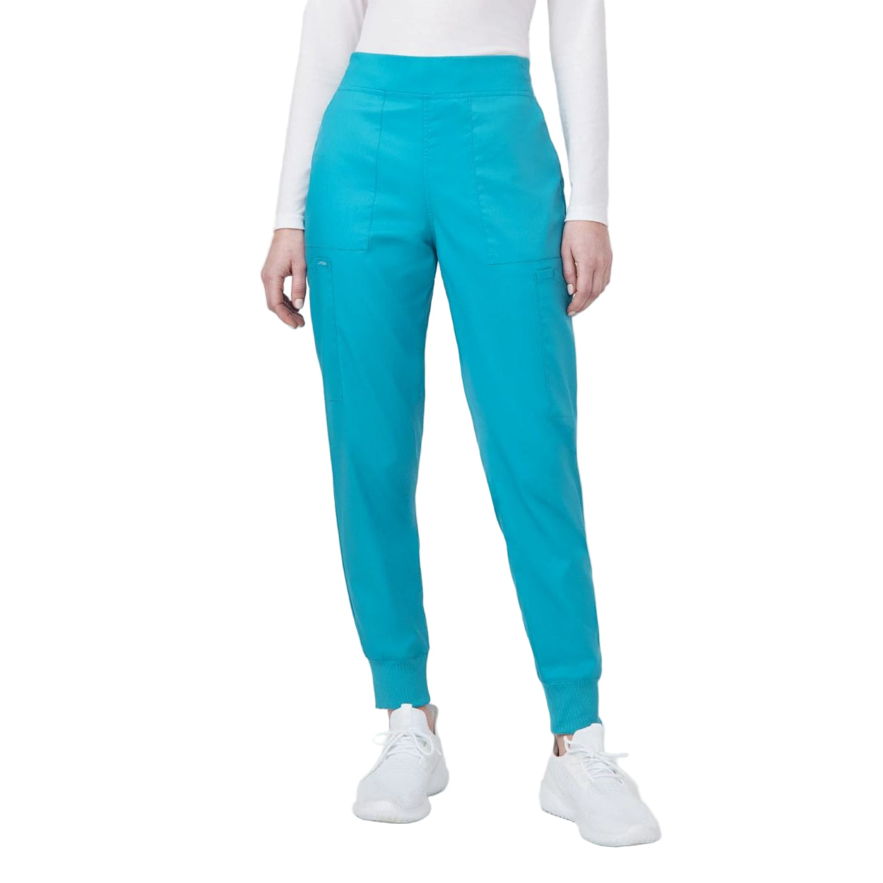 Teal scrub pants on a white background
