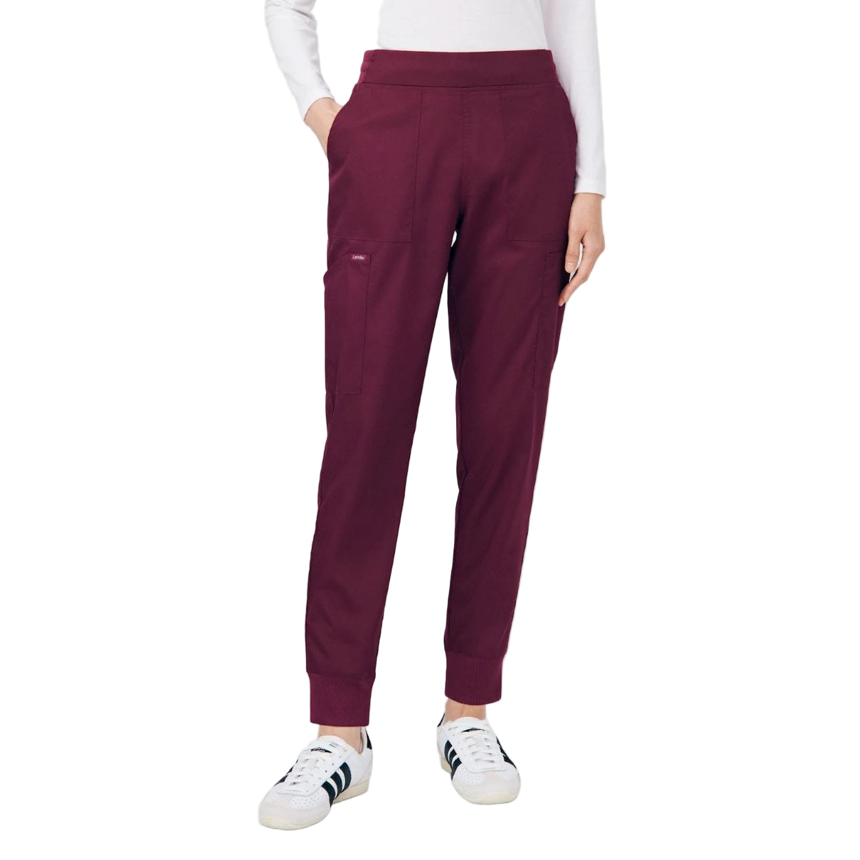 Wine scrub pants on a white background