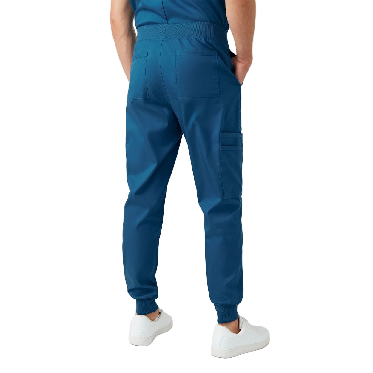 Caribbean blue scrub pants on a white background