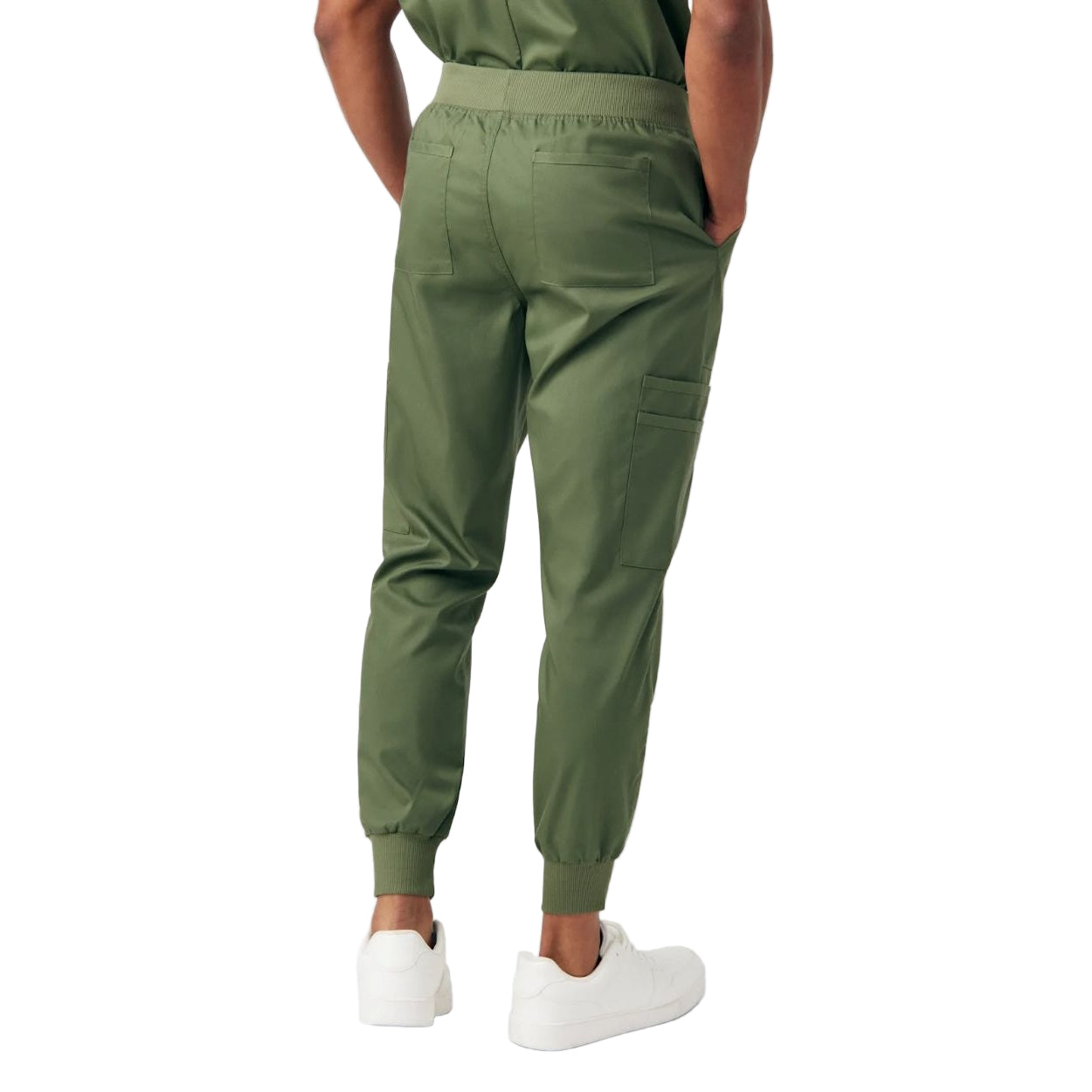 Olive moss scrub pants on a white background