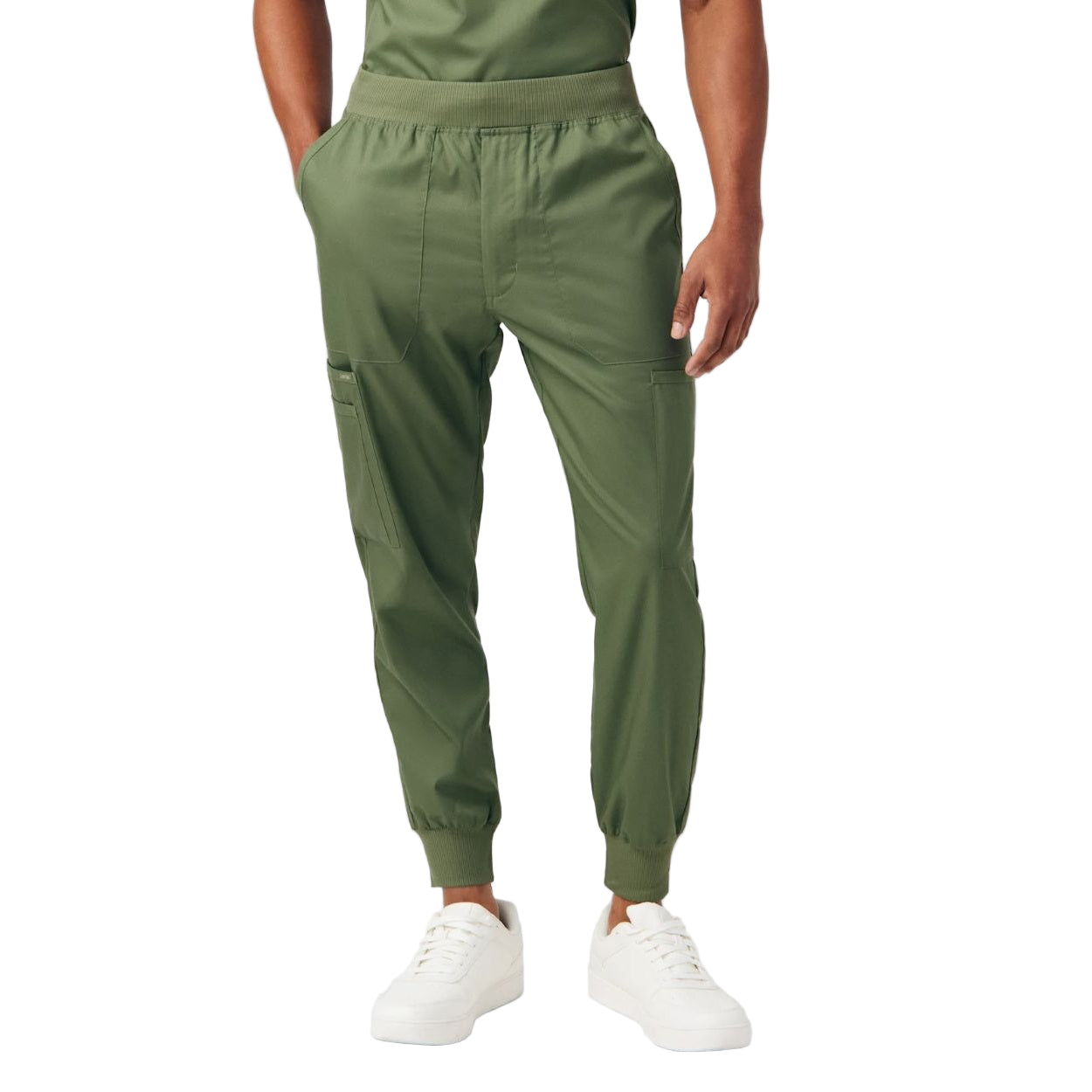 Olive moss scrub pants on a white background