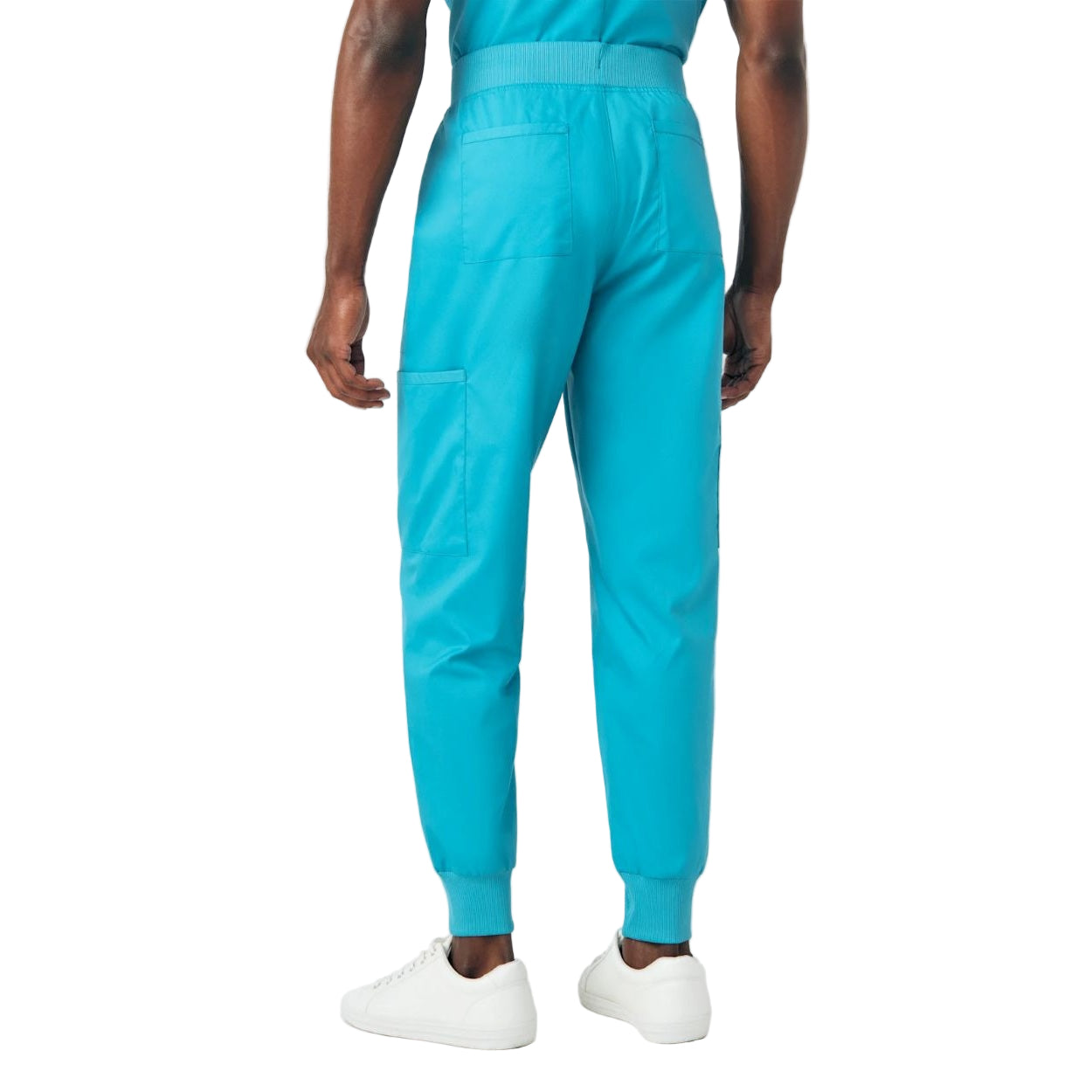 Teal scrub pants on a white background