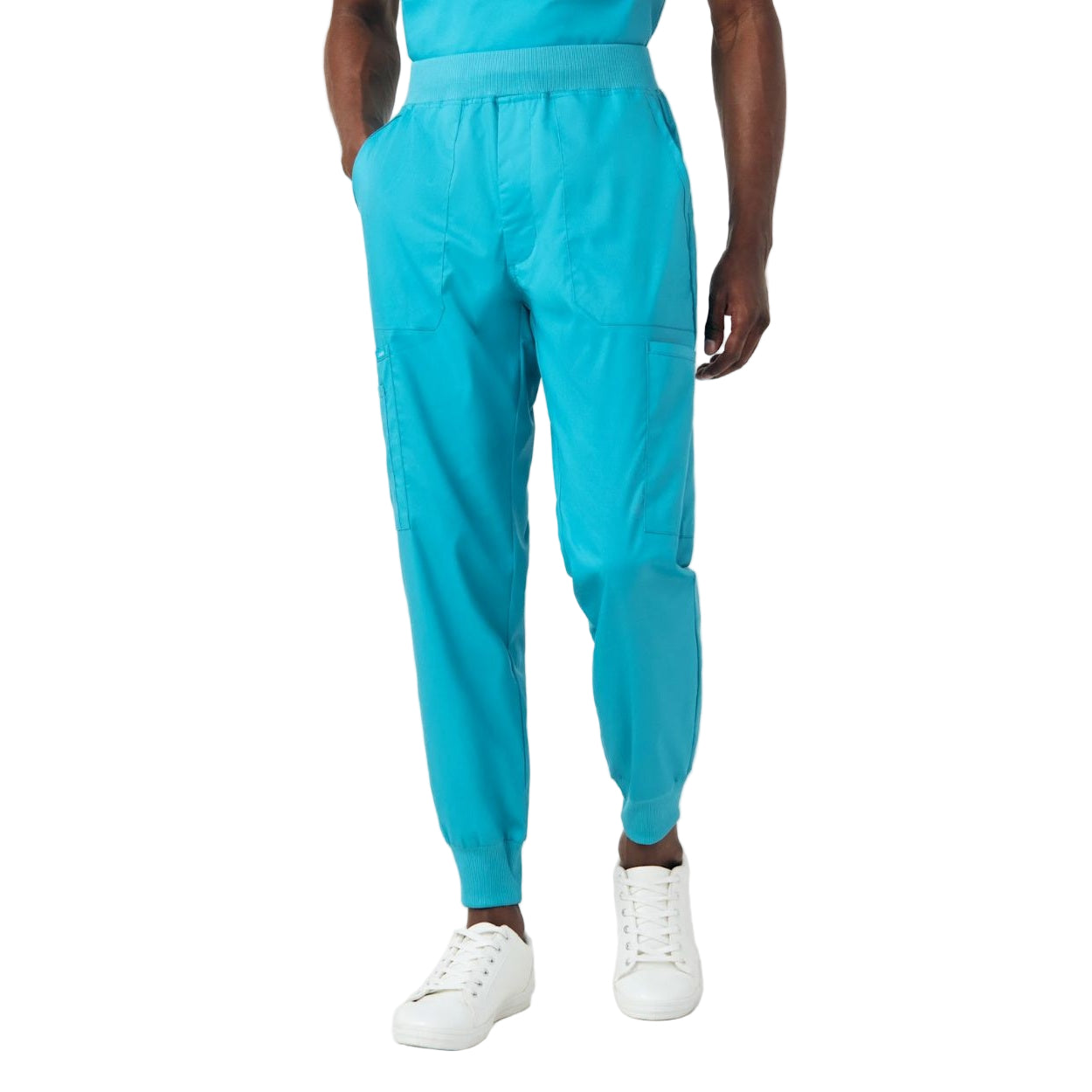 Teal scrub pants on a white background