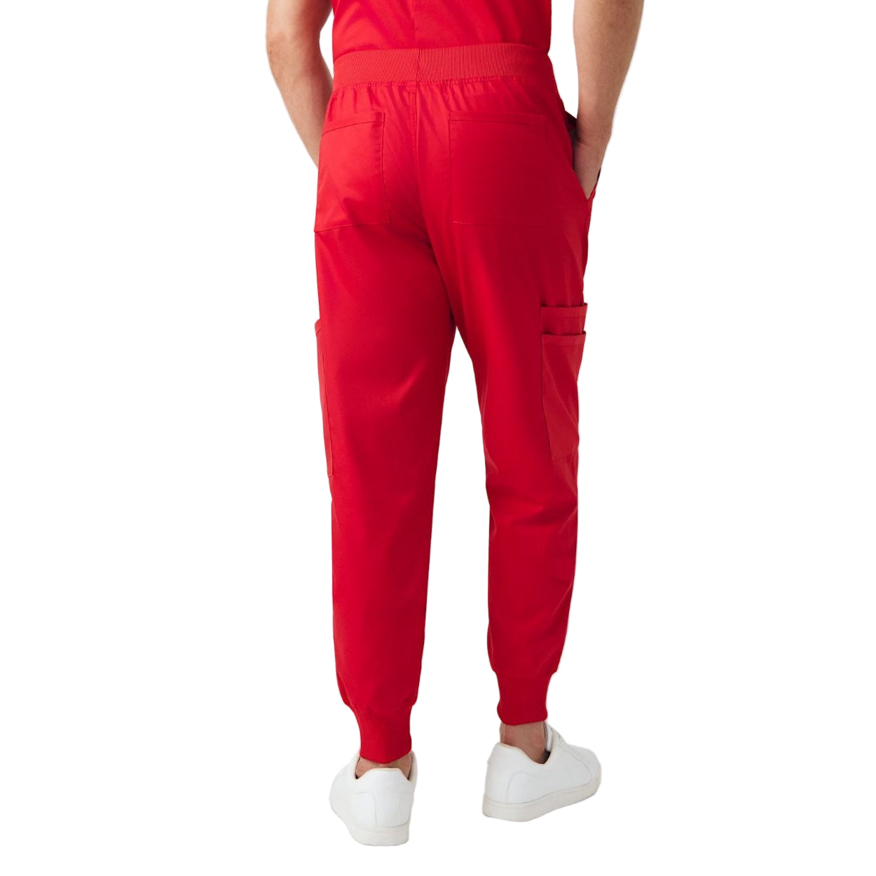 True red scrub pants on a white background