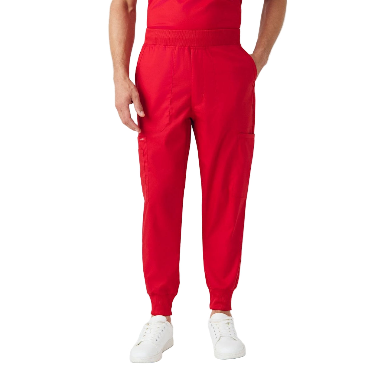 True red scrub pants on a white background