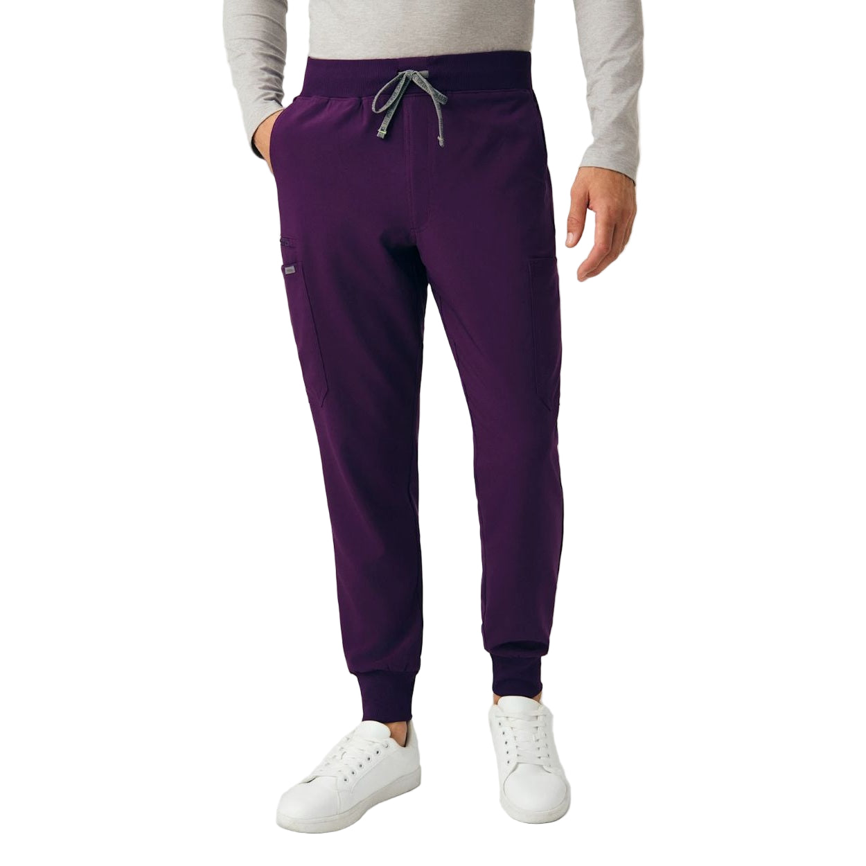 Eggplant scrub pants on a white background