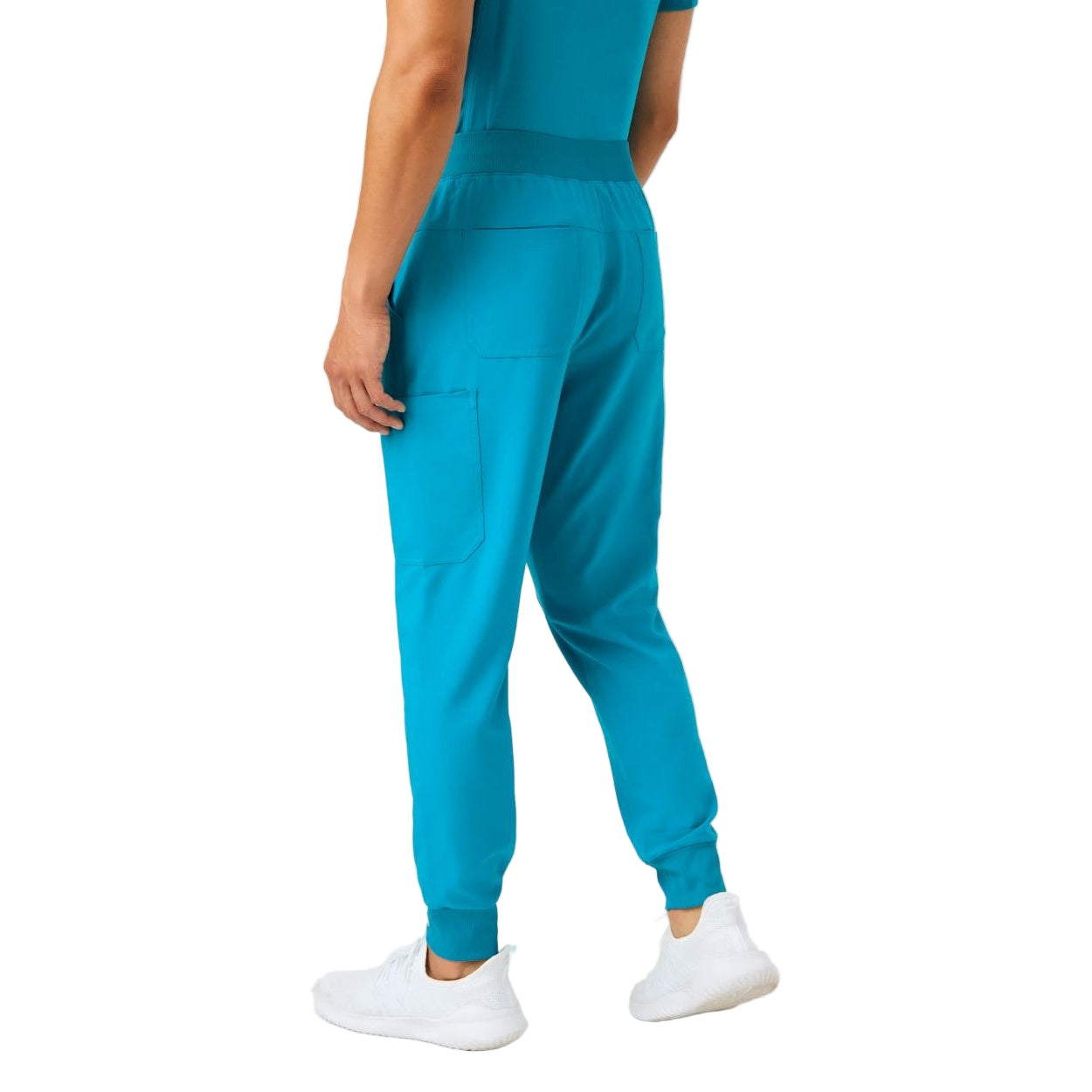 Teal scrub pants on a white background